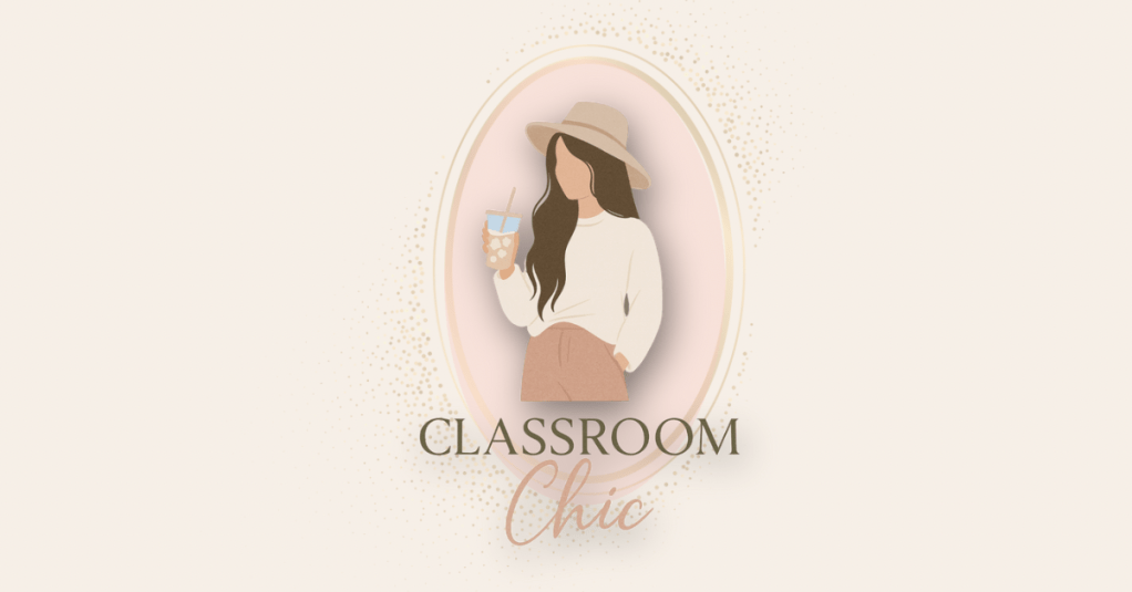 Illustration of a woman wearing a hat and holding a drink, with the text 'CLASSROOM CHIC' underneath in a stylish font.